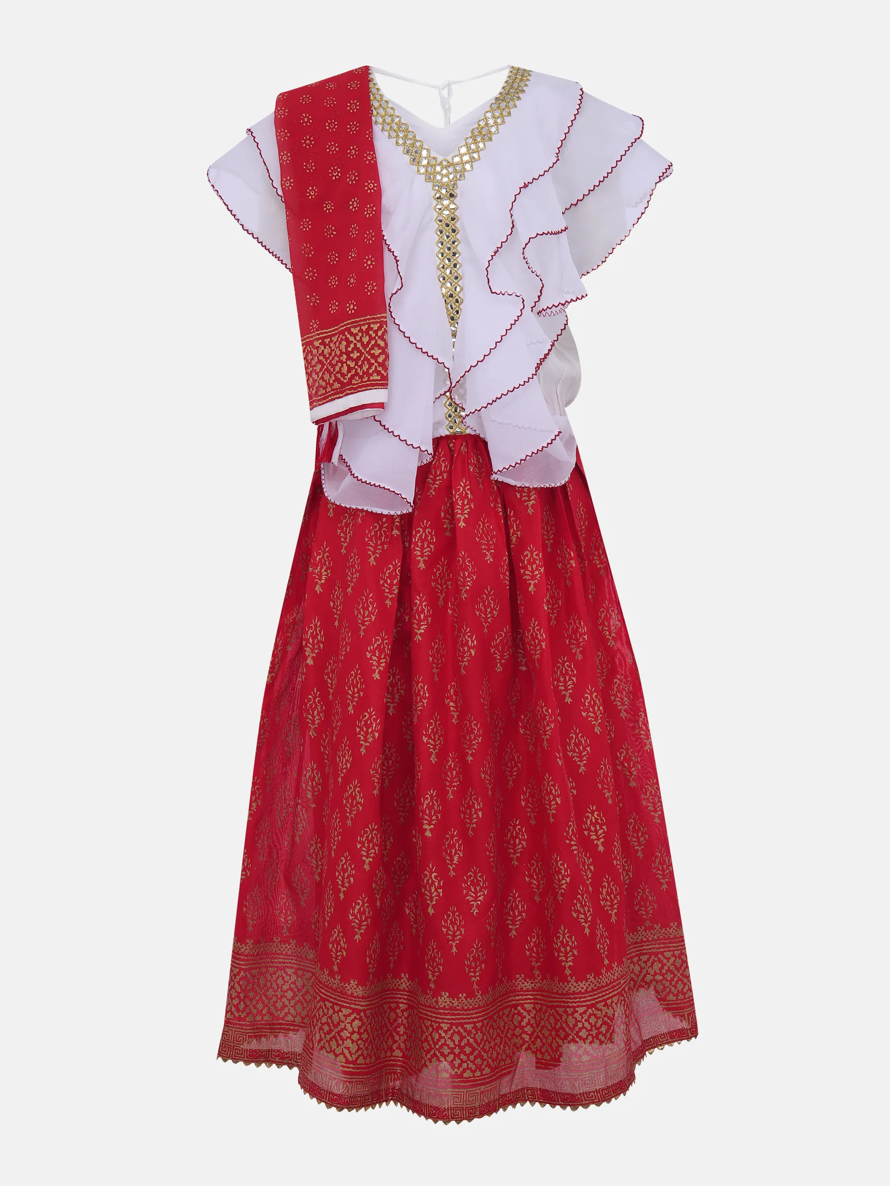 White Printed Georgette Mixed Cotton Ghagra Choli